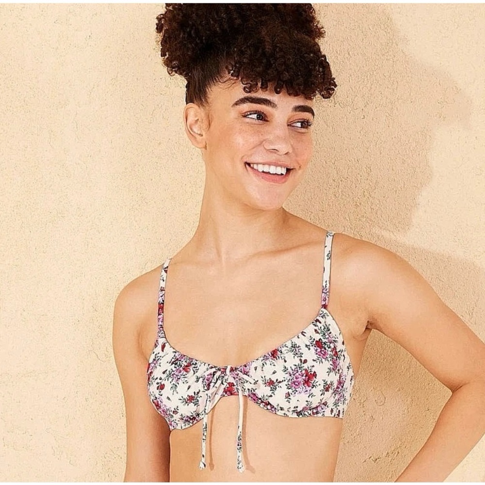 wild fable Floral Tie-Front Bikini Top in White with Pink & Green size Small NWT